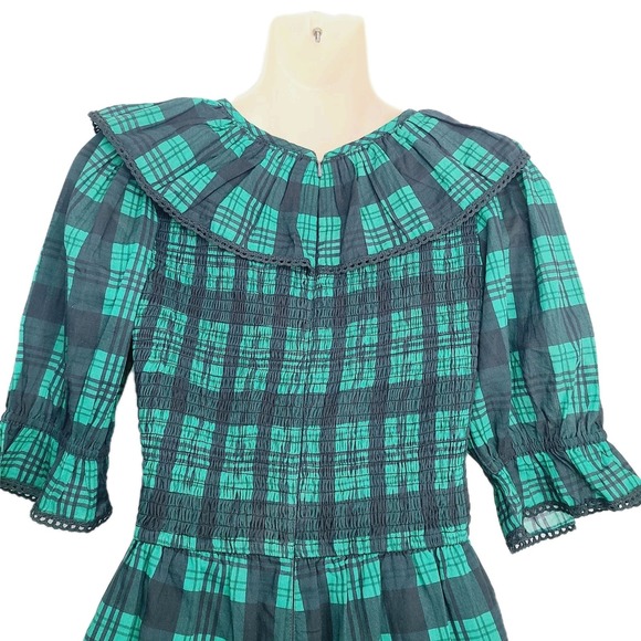 Ivy City Co Plaid Smocked Jumpsuit S Green Blue Puff Sleeve Square Ruffle Neck - Picture 4 of 11